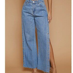 Casual Snap Button Side Trim Wide Leg Raw Hem Jeans Medium Wash
